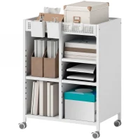 HOMCOM Bücherregal auf Rollen, 4-stufig, verstellbare Regalböden & Hängekörbe für Home Office und Wohnzimmer, Weiß(m-11)