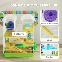 PawHut Cușcă pentru Hamsteri și Rozătoare Mici cu 5 Niveluri, Tubi Colorati, Roată, Căsuță și Accesorii Incluse, 47x30x59 cm, Verde(m-4)