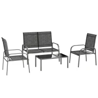 Outsunny Set de Grădină 4 Piese cu Măsuță, 2 Scaune și Canapea cu Spătar Reglabil, din Oțel și Textilen Negru(m-1)