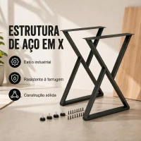 HOMCOM Conjunto de 2 Pernas de Mesa em Aço em Forma de X para Móveis Industriais com Apoios Ajustáveis e Parafusos Preto(m-4)