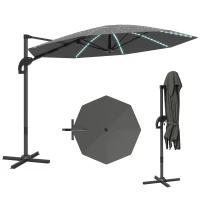 Outsunny 3(m) Cantilever Garden Parasol with Solar Powered Lights, Crank Handle & Cross Base, UPF 50+, 360° Rotation, Dark Grey(m-11)