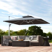 Outsunny 3(m) Garden Cantilever Parasol with Solar LED Lights, Cross Base, 360° Rotation, Crank Handle and Tilt, Grey(m-9)