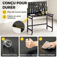 HOMCOM Établi d'atelier pliable à roulettes, 115x62x143,5cm, plan de travail avec panneau perforé, 30 crochets, noir(m-5)