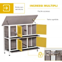PawHut Conigliera in Legno a 2 livelli con Tetto Apribile, Mangiatoia e Vassoi Estraibili, 122x50x101 cm, Marrone(m-5)