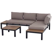 Outsunny 3 Pieces Garden Furniture Set, Aluminium 4 Seater Corner Sofa Set with 2 Loveseats, Coffee Table and Side Trays, Outdoor Conversation Furniture with Cushions for Garden, Black(m-1)
