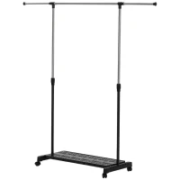 HOMCOM Tendedero Extensible con Ruedas con Barra de Acero Inoxidable y Estante para Zapatos 159x42x168 cm Negro y Plata(m-11)