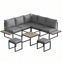 Outsunny Salon de jardin extérieur 6 personnes modulable table basse et plateaux latéraux en bois PSPC coussins épais 10cm gris