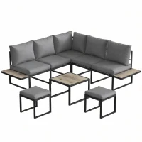 Outsunny Salon de jardin extérieur 6 personnes modulable table basse et plateaux latéraux en bois PSPC coussins épais 10cm gris(m-1)