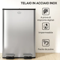 HOMCOM Pattumiera Differenziata 28L con 2 Scomparti a Chiusura Silenziosa, in Acciaio Inox e PP, 45.8x36x67.6 cm, Argento(m-9)