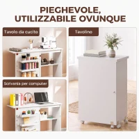 HOMCOM Mobile per Macchina da Cucire Pieghevole con Piano Ampio, 3 Contenitori, Mensola Inferiore, Ruote, Bianco(m-6)