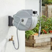 Outsunny Enrouleur Tuyau Arrosage Mural 40+2 m x Ø 15mm, Dévidoir de Tuyaux d'Eau Rétractable Automatique Pivotant à 180°, Gris(m-2)