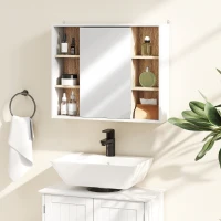 HOMCOM Spiegelschrank Badschrank Hängeschrank Badmöbel Wandschrank Mehrzweckschrank, Spanplatte+MDF, Weiß + Natur 60 x 14,5 x 49,4 cm(m-8)