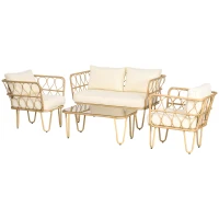 Outsunny Ensemble salon de jardin canapé 2 places + 2 fauteuils + 1 table basse plateau verre trempé 7 coussins écru(m-12)
