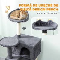 PawHut Arbore pentru Pisici Înalt de 140 cm cu 2 Cuști, Pat și Hamac pentru 2-3 Pisici, Acoperit cu Pluș, Gri(m-5)