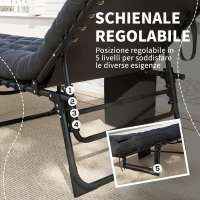 Outsunny Lettino Prendisole Pieghevole con Cuscino, Poggiatesta e Tasca Laterale, 58x189x32.5 cm, Nero(m-4)