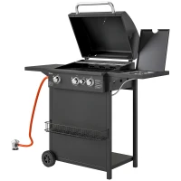 Outsunny Barbacoa de Gas con 3 Quemadores Parrilla para 5-9 Personas Quemador Lateral Termómetro y Ruedas 123x58x98 cm Negro(m-11)