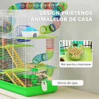 PawHut Cușcă pentru Hamsteri și Rozătoare Mici cu 5 Niveluri, Tubi Colorati, Roată, Căsuță și Accesorii Incluse, 47x30x59 cm, Verde(m-5)