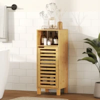 HOMCOM Mueble Auxiliar de Baño Estrecho con Puerta de Lamas Balda Abierto Estante Ajustable 30x30x80 cm Natural(m-10)