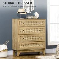 HOMCOM Chest of Drawer with 4 Rattan Drawers, Beside Table with Door, Natural(m-4)