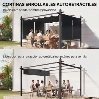 Outsunny Pérgola de Jardín 4x3 m con Cortinas Enrollables Automáticas y Techo Retráctil Cenador de Jardín con UPF50+ Gris Oscuro(m-4)