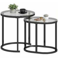 HOMCOM Nest of Tables with Steel Frame and Tempered Glass Tabletop, Modern Coffee Table Set of 2, Black(m-15)