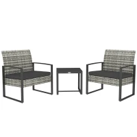 Outsunny Salon de jardin 3 pièces 2 chaises avec coussins + table basse plateau verre trempé résine tressée gris clair(m-11)
