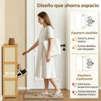 HOMCOM Zapatero Estrecho de Bambú con 3 Cajones Abatibles de Ratán para 18-21 Pares de Zapatos 69x29x119,8 cm Natural(m-4)