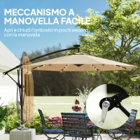 Outsunny Ombrellone a Sbalzo con 32 Luci LED Solari e Manovella, in Metallo e Poliestere, 330x295x245 cm, color Cachi(m-9)