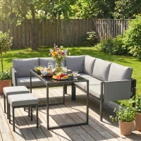 Outsunny Salon de Jardin Canapé d'Angle Extérieur 6 Pièces Coussins 10cm Table Haute et 2 Repose-pieds Gris(m-11)