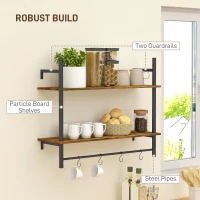 HOMCOM Wall Mounted Floating Shelves with 4 Hooks, Rustic Wall Shelf Unit for Living Room, Entryway, Rustic Brown(m-5)