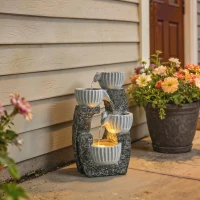 Outsunny 4-Tier Bowl Water Feature, Indoor Outdoor Garden Water Fountain with Pump and LED Lights, Resin Cascading Waterfall(m-10)