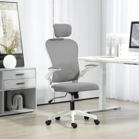 HOMCOM Executive Office Chair, Ergonomic Mesh High Back Desk Chair with Flip-up Armrest, Rotatable Headrest, Adjustable Lumbar Support for Home Study, Grey(m-10)