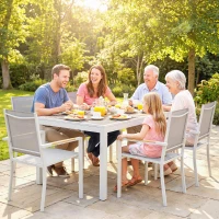 Outsunny Conjunto de Mesa y Sillas Jardín con Mesa de Plástico PSPC y 6 Sillas Apilables Transpirables para Terraza Patio Blanco(m-9)