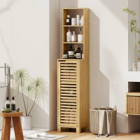 HOMCOM Armario de Baño Alto de Bambú Estrecha con 3 Estantes Abiertos Puerta de Lamas Baldas Ajustables 34x30x170 cm Natural(m-2)