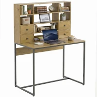 HOMCOM Computertisch mit 4 Schubladen und Regalen, Schreibtisch 105 cm, Naturholz(m-12)