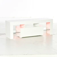HOMCOM Mueble de TV Moderno Mesa para TV de Salón para Televisión con Luces LED con Mando a Distancia Estantes de Cristal Ajustables y Cajón 130x35x45 cm Blanco Brillante(m-10)