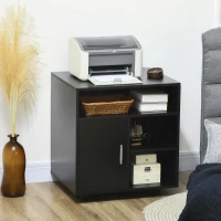 HOMCOM Mobile Porta Stampante a Rotelle con Armadietto e 3 Ripiani Aperti, in Legno, 60x50x65.5 cm, Nero(m-2)