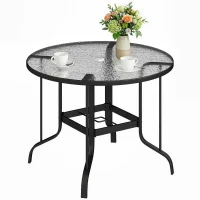Outsunny Masă de Grădină Rotundă cu Orificiu pentru Umbrelă, din Metal și Sticlă Temperată, Ø96,5x71 cm, Neagră(m-10)