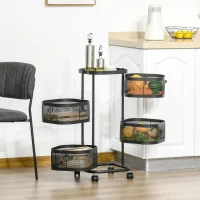HOMCOM Carrito Auxiliar con Ruedas de 5 Niveles con 4 Cestas de Almacenamiento Giratorias 270° y Bandeja 33x33x77 cm Negro(m-10)