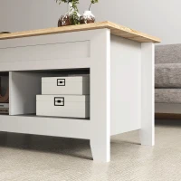 HOMCOM Mesa de Centro com Bancada Elevável 2 Compartimentos Abertos Bancada de Madeira 105x50x49 cm Branco e Madeira(m-9)