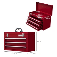 DURHAND Lockable Metal Tool Box, 3 Drawer Tool Chest with Latches, Handle, Ball Bearing Runners, Red(m-3)