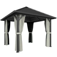Outsunny 3 x 3(m) Hardtop Gazebo with Galvanised Steel Roof and Water Gutter, Waterproof Permanent Pavilion Garden Gazebo with Netting and Curtains for Patio, Deck, Black(m-1)