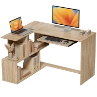 HOMCOM Bureau d'Angle, 120 x 100 x 76 cm, Bureau Informatique en L avec Plateau de Clavier, 4 Compartiments Ouverts, Naturel(m-15)