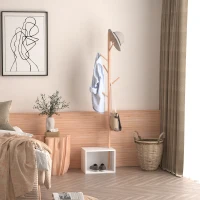 HOMCOM Garderobenständer Kleiderhaken Garderobe mit Sitzbank Stauraum Baum-Design Zweige 6 Haken Bambus Weiß Natur 40 x 30 x 180 cm(m-10)