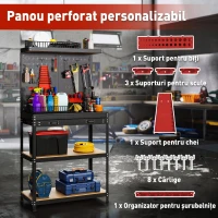 HOMCOM Banc de lucru cu panou perforat pentru scule, 2 rafturi și sertar, din oțel și lemn, 80x40,5x155 cm, negru(m-5)