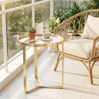 HOMCOM Round Side Table with Tempered Glass Top and Geometric Metal Frame for Small Space, Gold Tone(m-9)