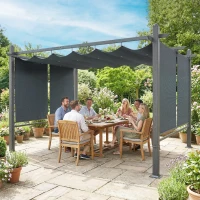 Outsunny Pérgola de Jardín 4x3 m con Cortinas Enrollables Automáticas y Techo Retráctil Cenador de Jardín con UPF50+ Gris Oscuro(m-2)