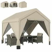 Outsunny 3 x 3 m Patio Gazebo with Netting & Curtains, Outdoor Canopy Shelter with Galvanised Steel Frame, Khaki(m-11)