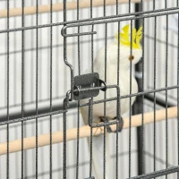 PawHut Cage à oiseaux sur pied volière oiseaux intérieur 4 perchoirs en bois et mangeoires fil d'acier gris foncé(m-8)