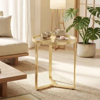 HOMCOM Round Side Table with Tempered Glass Top and Geometric Metal Frame for Small Space, Gold Tone(m-14)
